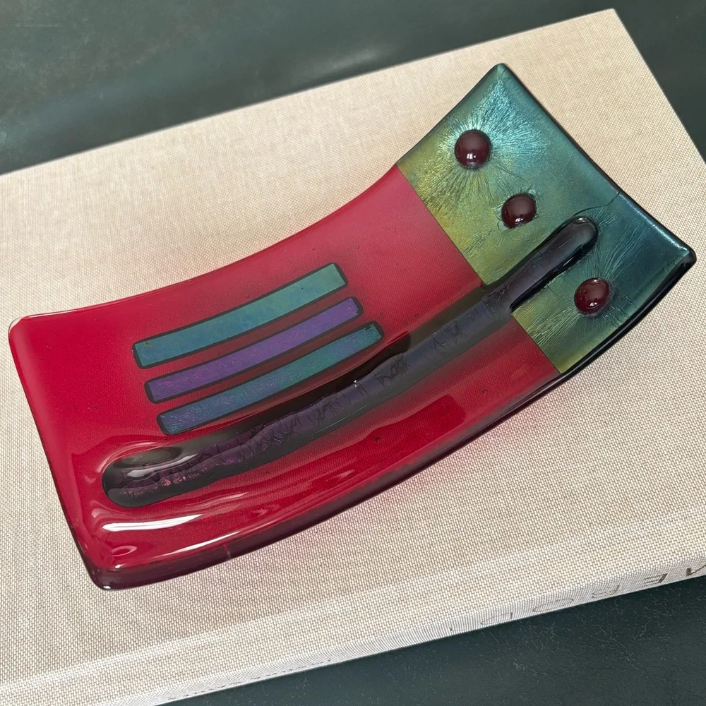 Artist Signed Fused Art Glass Dish Modern Studio Red Blue/Green iridescent - Picture 6 of 10